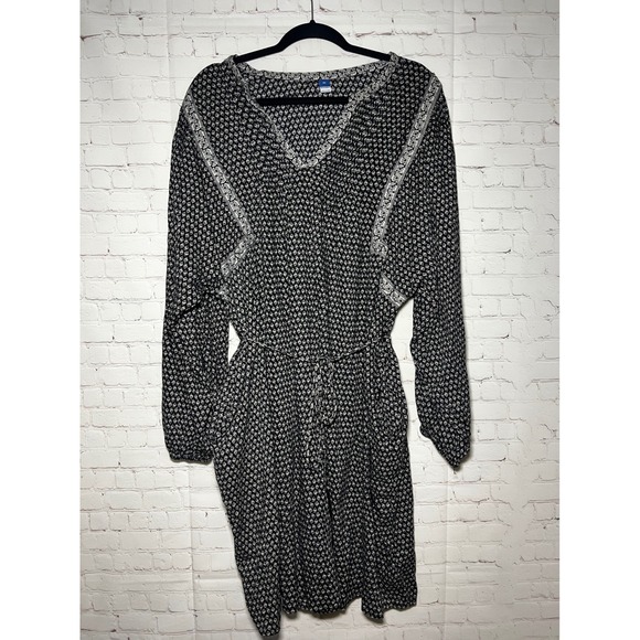 Old Navy Black White Boho Long Sleeve V Neck Smocked Waist Dress Plus Size‎ XXL - Picture 2 of 9